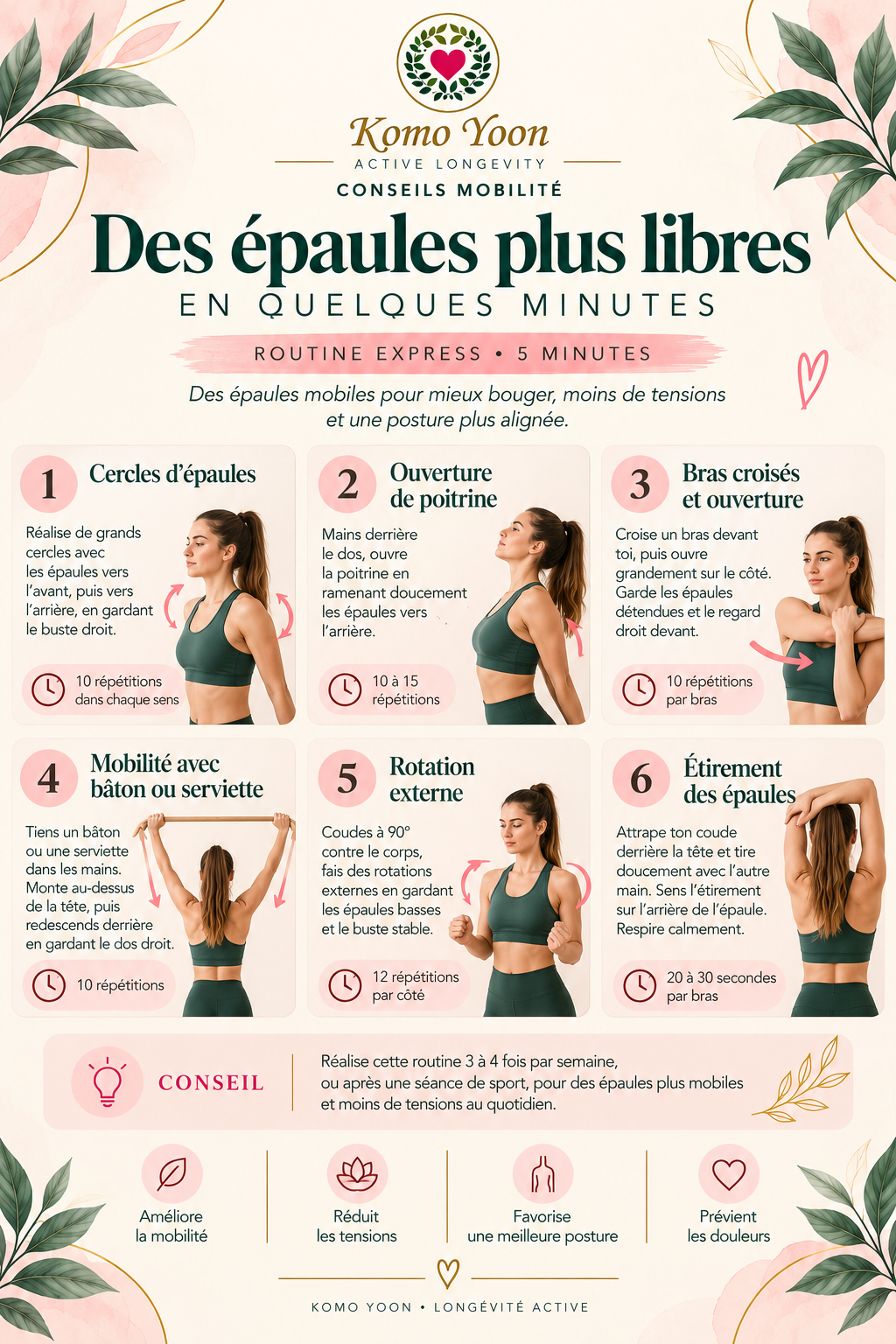 Fiche Komo Yoon : six exercices de mobilité des épaules avec illustrations et répétitions.