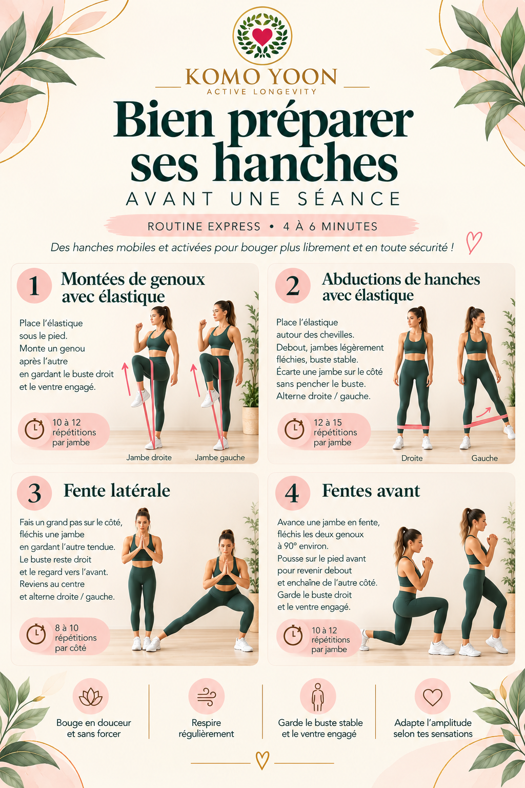 Fiche Komo Yoon : routine de préparation des hanches en quatre exercices, avec illustrations et répétitions.