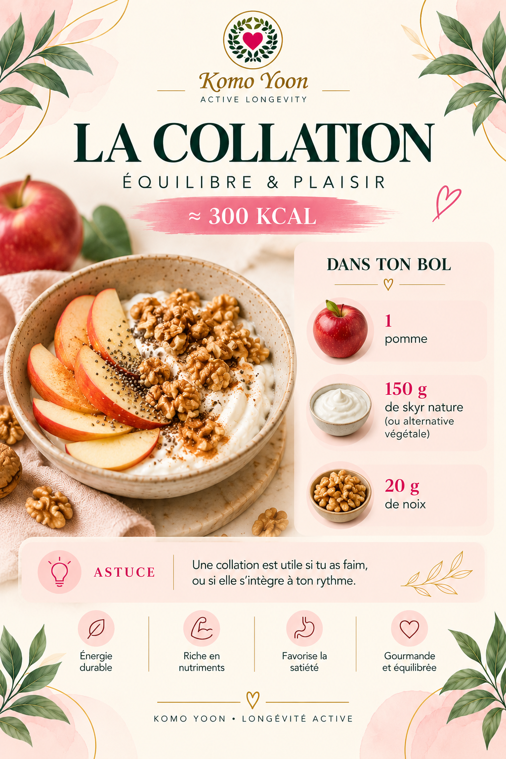 Fiche Komo Yoon : collation avec une pomme, 150 g de skyr nature ou alternative végétale et 20 g de noix.